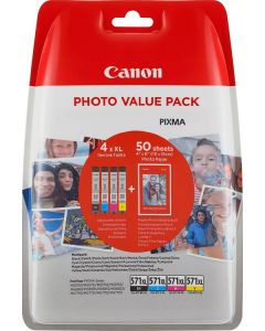 Canon CLI-571XL Black Cyan Magenta Yellow Ink Cartridge Paper Combo Pack - 0332C005